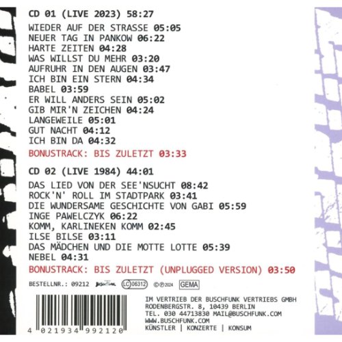 Cover Rückseite LIVE 1984 und 2023 Bonus: Bis zuletzt