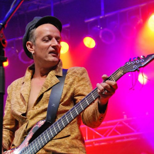 Portrait von Ingo York am Bass auf der Bühne in pinkem und lila Bühnenlicht